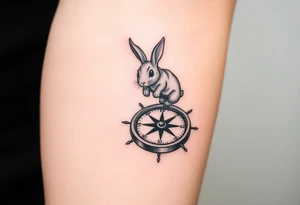 Small Rabbit jumping on top the compass that looks like a rabbit hole. tattoo idea