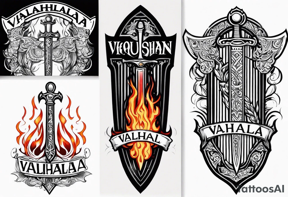 valhalla sword shield funeral on fire tattoo idea