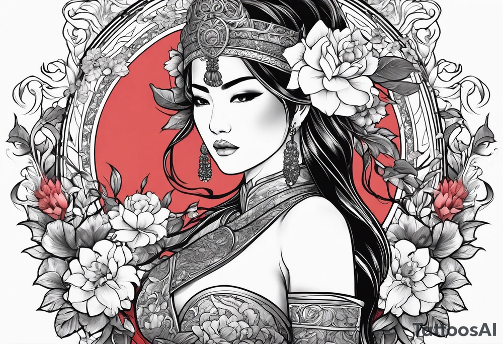 ornate beautiful woman warrior with weapon & floral arch background tattoo from head to torso tattoo idea