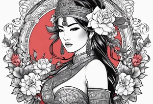 ornate beautiful woman warrior with weapon & floral arch background tattoo from head to torso tattoo idea