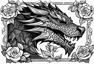 Drogon's face amongst roses and ivy tattoo idea