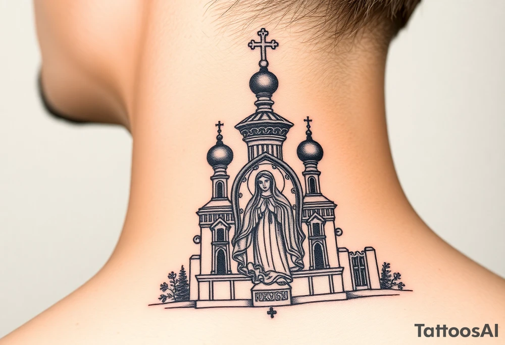 medium traditional russian orthodox church with russian coat arms and virgin mary tattoo idea
