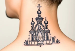 medium traditional russian orthodox church with russian coat arms and virgin mary tattoo idea