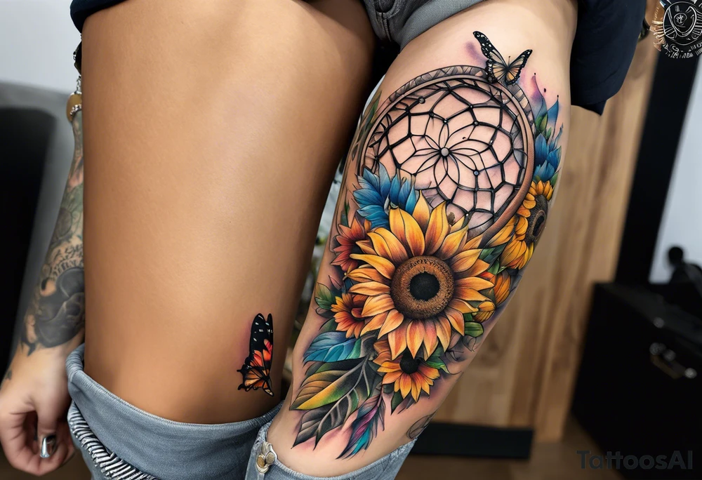 Quarter Leg sleeve with dreamcatcher, rainbow sunflowers and one butterfly tattoo idea