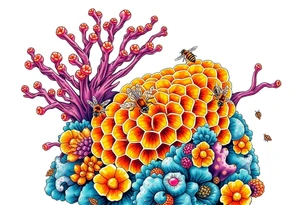 Coral reef scene with honey bees swimming on honey comb tattoo idea