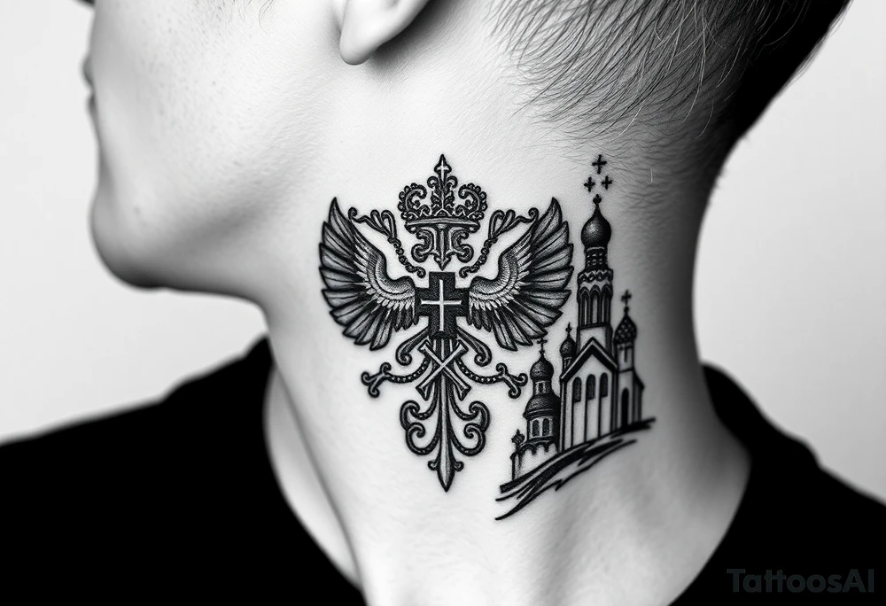 russian coat arms in a russian christian orthodox cross with the cross in the middle with a virgin mary & orthodox dome church on the side of the neck tattoo idea