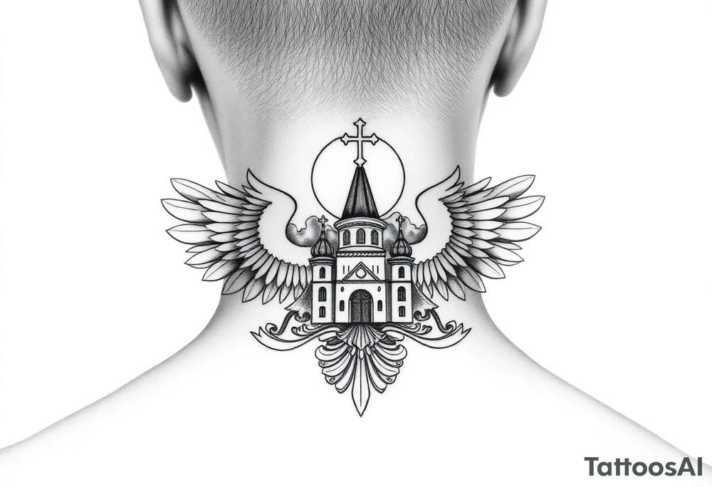 russian coat of arms with both heads visible & wings spanning out on my back neck across on to my shoulders with an orthodox christian church being visible in a mountainous sun beaming setting, with the russian orthodox cross spire of the orthodox church being visible on my neck with a sun beaming in the background that the cross sits inside tattoo idea