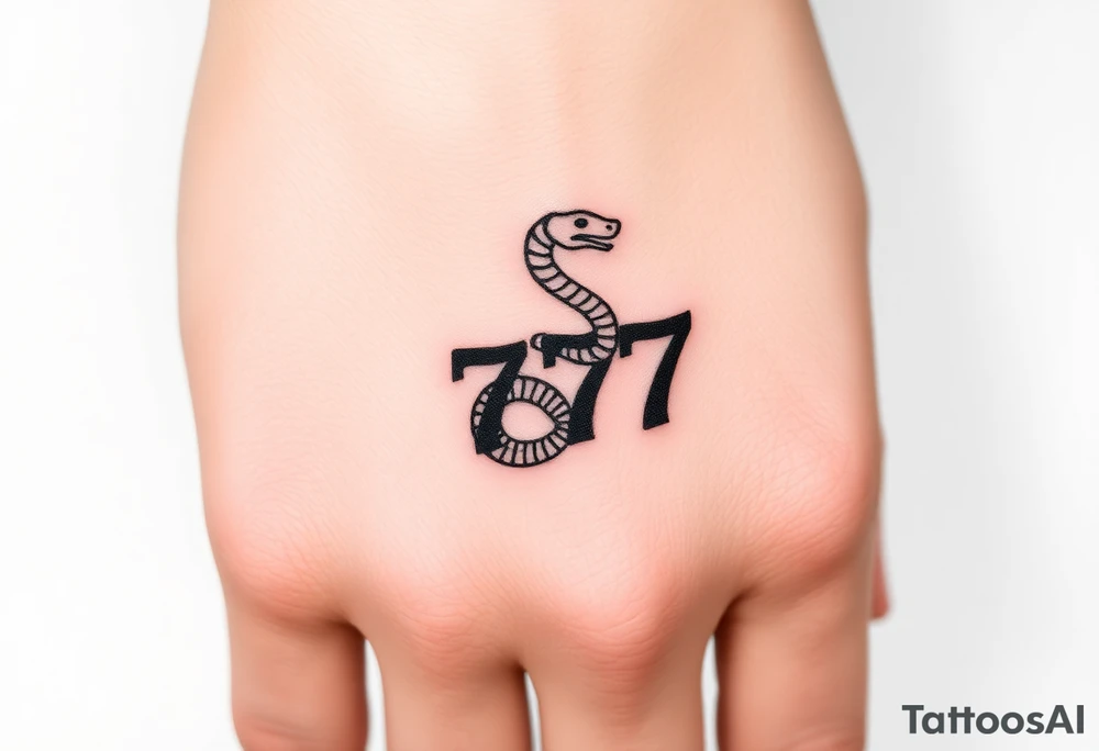 Minimalist black ink tattoo design of a small snake coiled around the number 777. tattoo idea