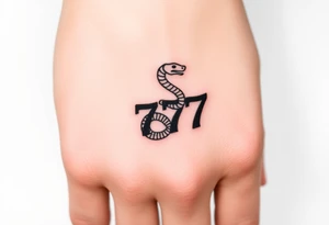 Minimalist black ink tattoo design of a small snake coiled around the number 777. tattoo idea