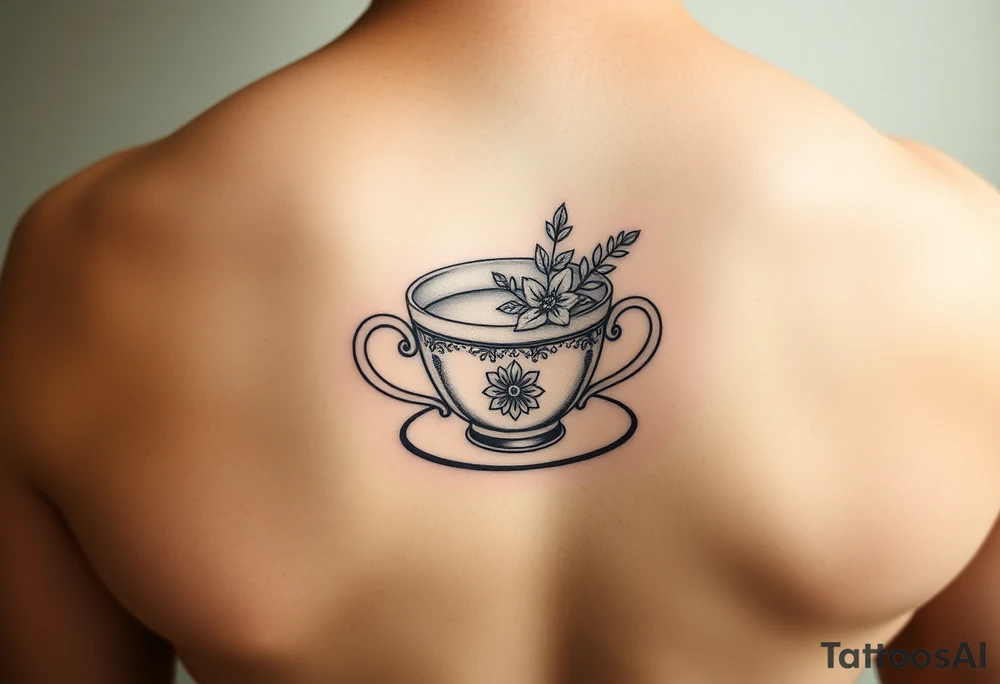 Dainty cup of tea with small floral arrangement tattoo idea