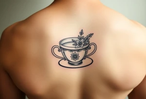 Dainty cup of tea with small floral arrangement tattoo idea