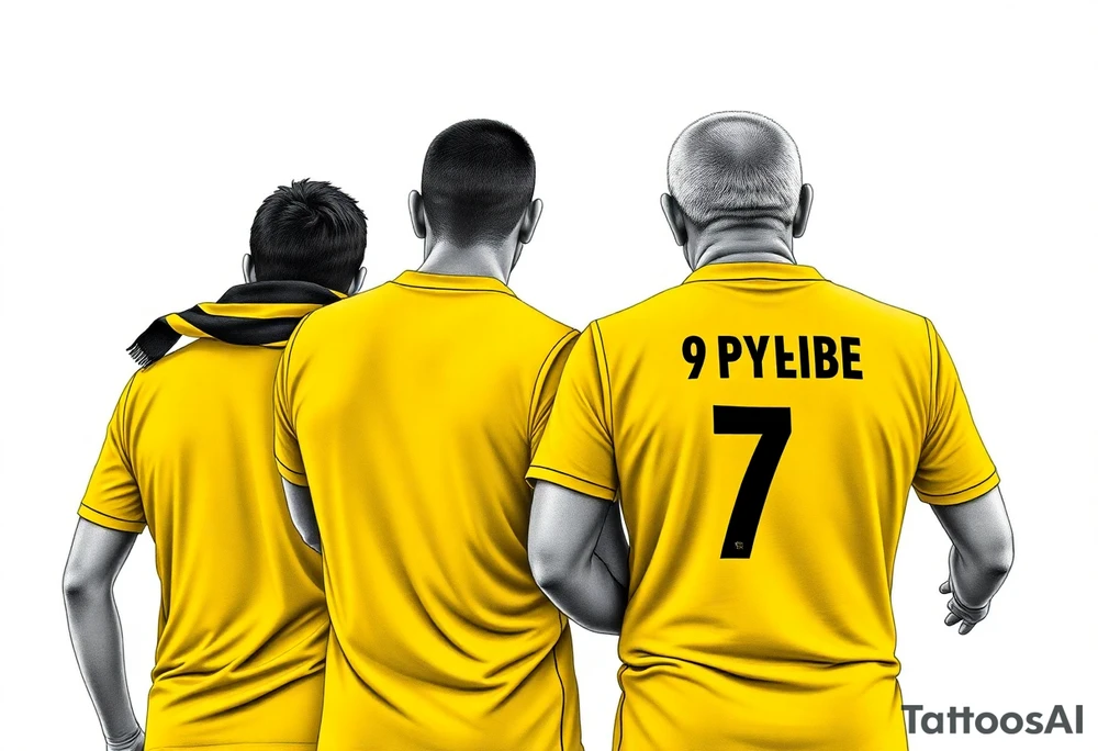 4 soccer fans from their backs, wearing yellow blue shirts. the second one from left having a kid on his shoulders, and he's rising a scarf.
the right one is older, more fat and shorter and wearing an shirt with the number 7 on it and has on his shoulders line like adidas tattoo idea