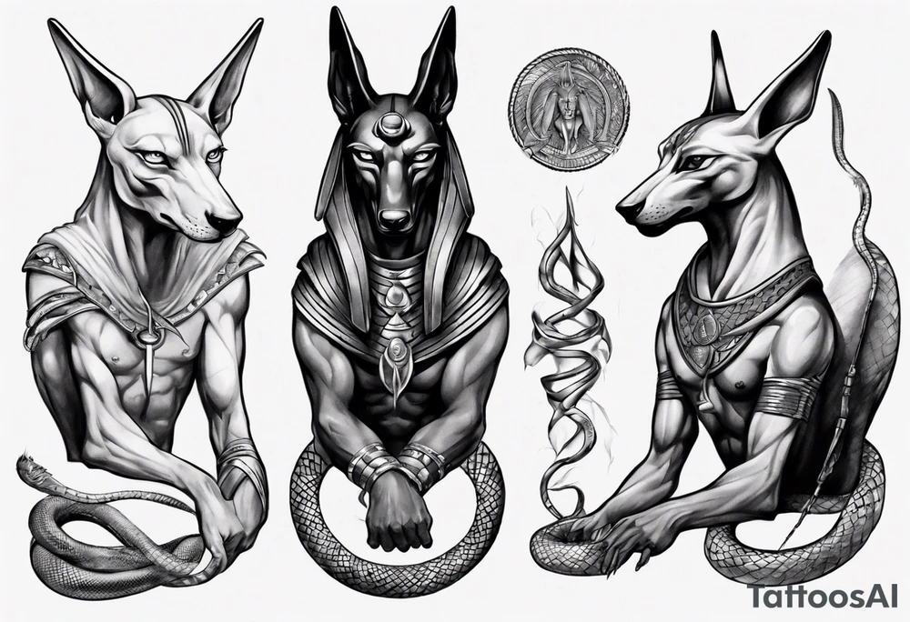 Anubis with scales and snakes tattoo idea