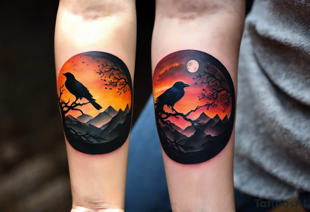 Ying-yang tattoo on your forearm, where one side captures the beauty of the night sky with a full moon, and the other side showcases the warm hues of a sunset. The moon side features a stunning depiction of a crow in flight, adding a touch of magic and wonder to the design. On the sunset side, the silhouettes of a man, woman, and two teenage boys walking create a sense of togetherness and family. Around the circle the words "When Life is hard, you have to change" are written in child's writing tattoo idea