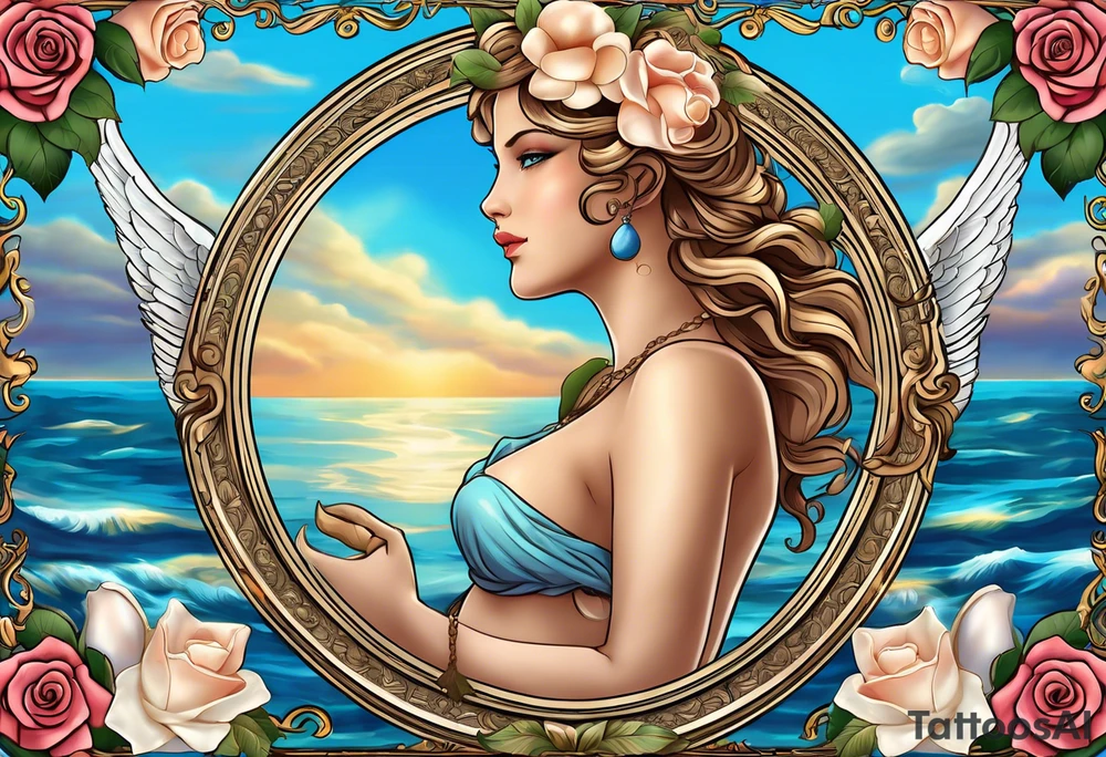 Portrait of Aphrodite: A face or full-length image of the goddess, often in a realistic style, perhaps decorated with flowers, seashells, or doves.rose, doves, shells and a mirror in his hand. background sea, blue roses frames,, romantic,A boy with wings and a bow, cupido tattoo idea