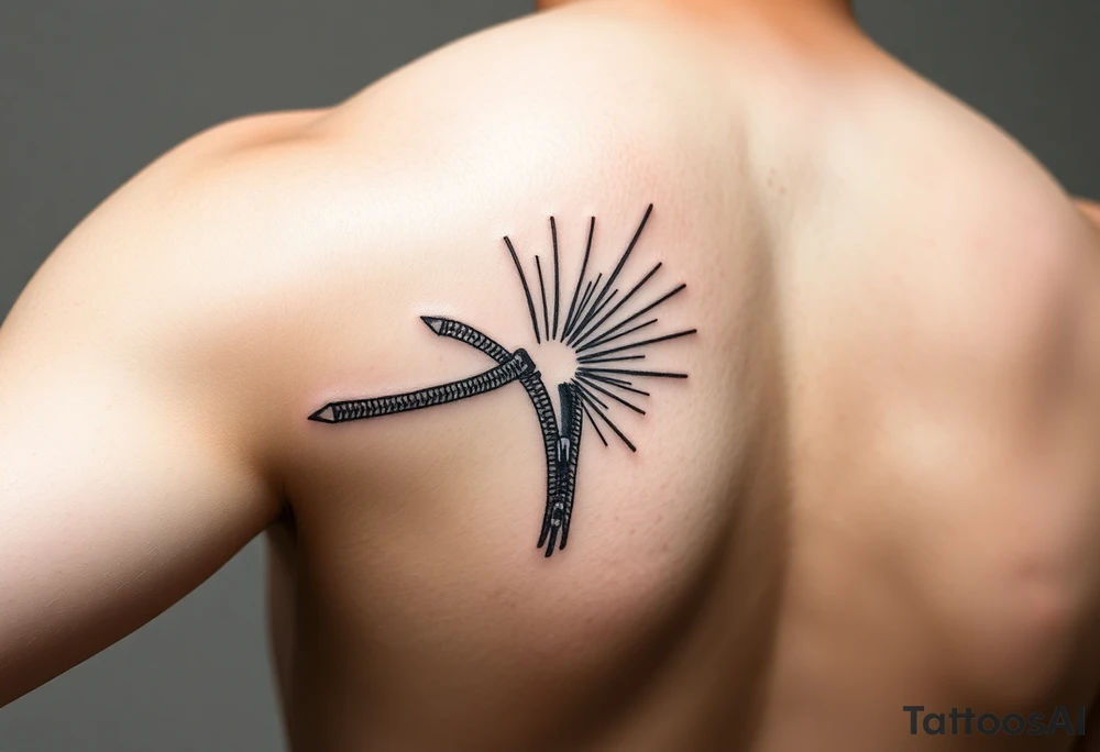 a black and white narrow zip running from the inside left hand forearm from the wrist to the elbow joint opening with the zip open for a copuple of inches from the elbow joint and shining out of the opening are rays of beautiful colors tattoo idea