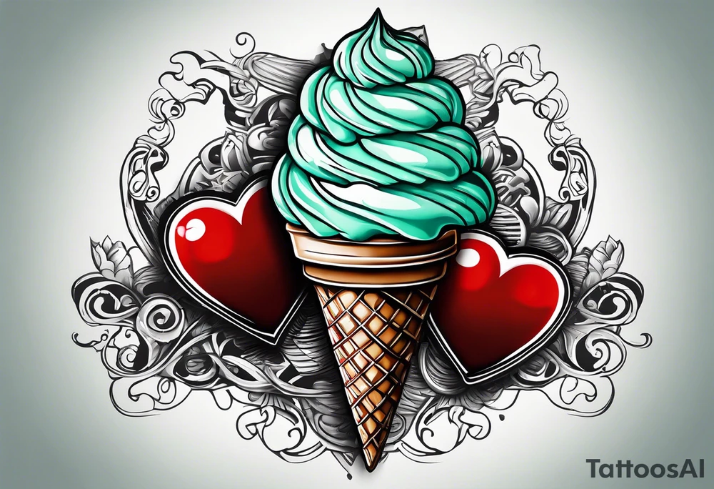 mint chocolate chip ice cream cone with small red heart on it somewhere. tattoo idea