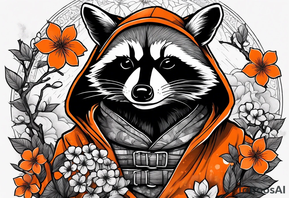 raccoon wearing a black and white Superman hoodie and orange Japanese cherry blossoms tattoo idea