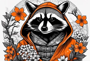 raccoon wearing a black and white Superman hoodie and orange Japanese cherry blossoms tattoo idea