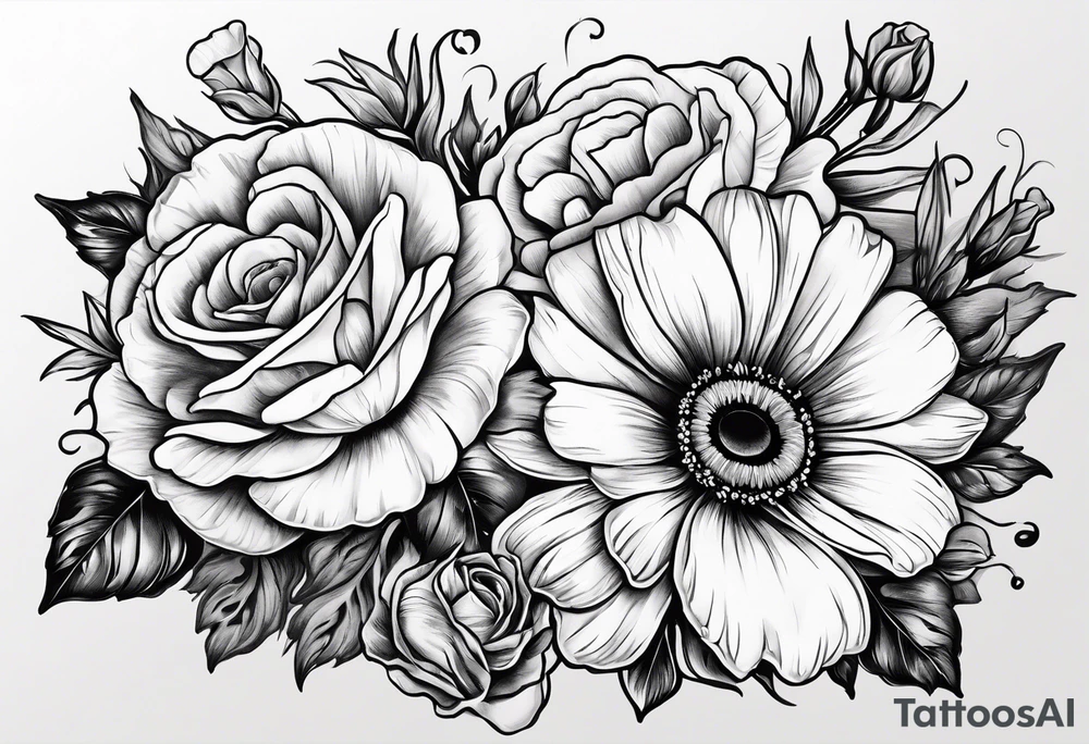 A single daisy and a rose with poppies and gladiolus flowers weaving through the daisy and rose tattoo idea