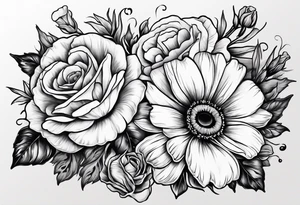 A single daisy and a rose with poppies and gladiolus flowers weaving through the daisy and rose tattoo idea