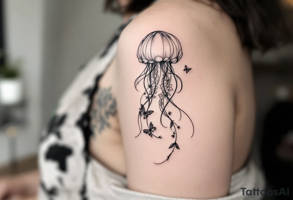 fine-line tattoo, single jellyfish, flowers butterflies composition, jellyfish bell blossoms, butterfly wing dome, flowing trailing tentacles, floral vine tentacles, tentacle streamers, overlapping blossom bell, minimalist elegant design, nature-inspired, delicate black grey lines, soft shading, no outlines, outline-free design, floral jellyfish, botanical sea creature, organic flow, upper arm shoulder placement, light airy feel, poetic minimalism, vine-shaped tentacles, petal tentacle flow, blossom bell composition, wing dome structure, delicate linework, soft botanical shading, nature creature fusion, minimalist intricacy, elegant simplicity, flowing organic movement, shoulder arm curve, lightweight design, subtle detail work, refined botanical elements, understated complexity, clean minimalist lines, gentle nature fusion, trailing floral streamers, jellyfish bell florals, butterfly wing bell, flowing tentacle vines tattoo idea