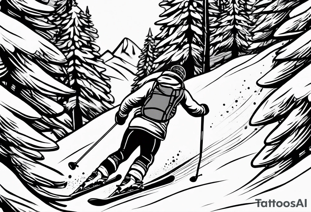 simple drawing of a 
tattoo of a snow skier skiing through trees showing ski trail tattoo idea