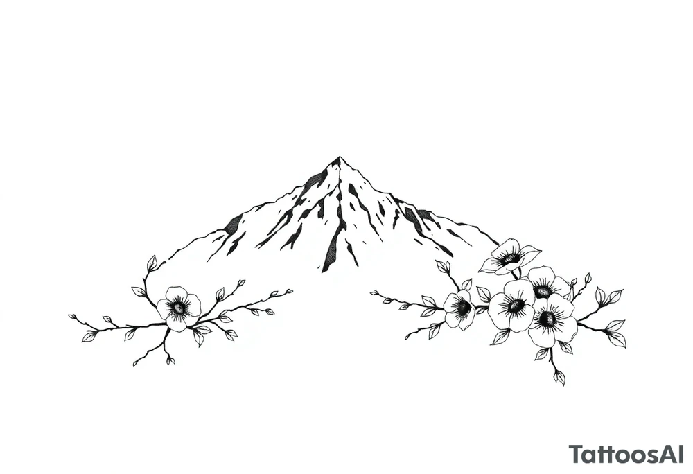 An elongated mountain range with vines and dogwood flowers tattoo idea