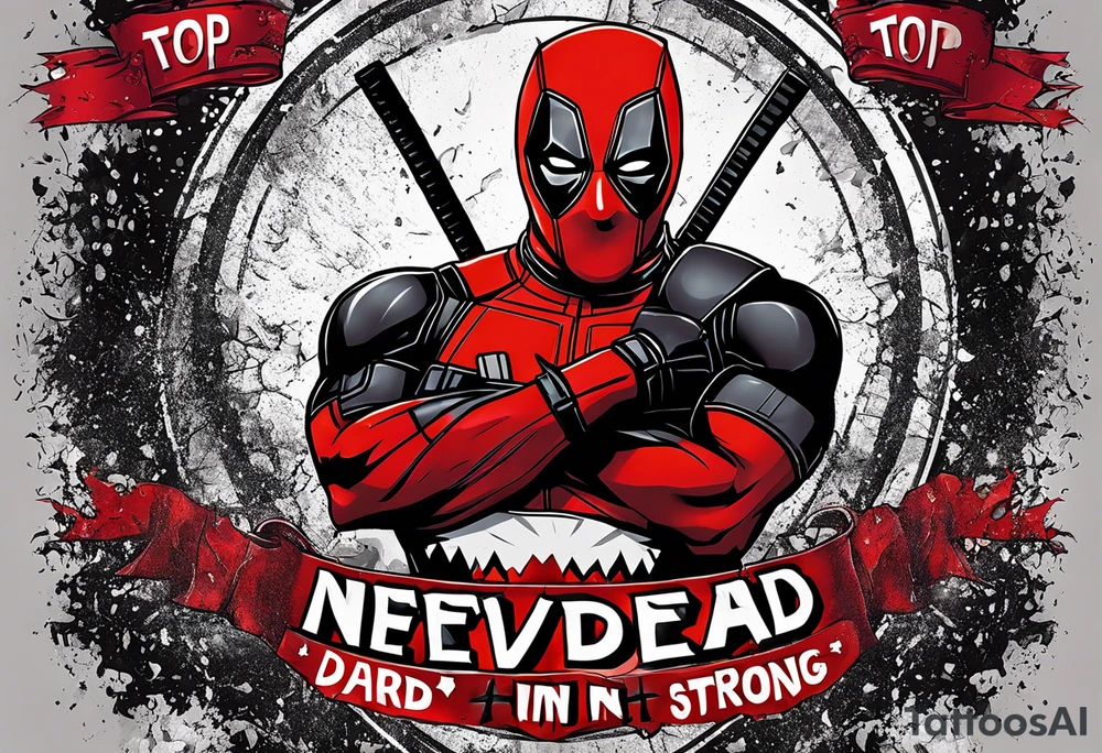 Banner with Text: A worn, dark banner wraps around Deadpool with the phrase "NEVER DEAD" in bold, cracked letters that give a strong and aggressive impression. The banner has small torn details, as if it’s been through rough conditions, with shading that adds depths. tattoo idea