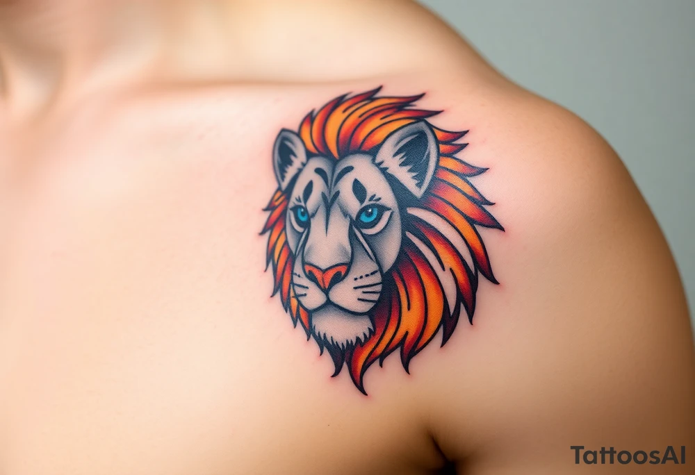 lion with blue eyes and orange hair into basketball tattoo idea