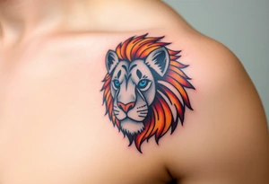 lion with blue eyes and orange hair into basketball tattoo idea