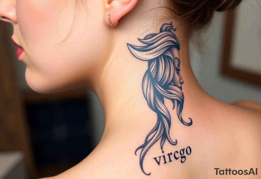 A detailed profile of a serene goddess with a crescent moon on her forehead, with silver and deep navy shading and the word virgo tattoo idea