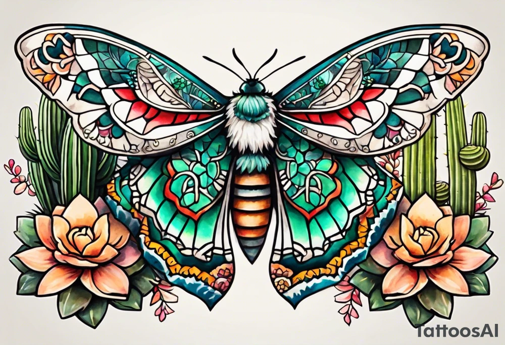 Modern Mexican style small moth flying over a desert garden with cactus and small succulents tattoo idea