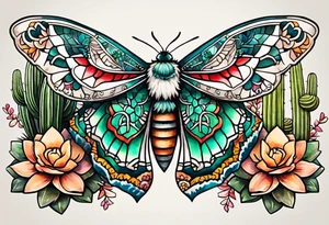 Modern Mexican style small moth flying over a desert garden with cactus and small succulents tattoo idea