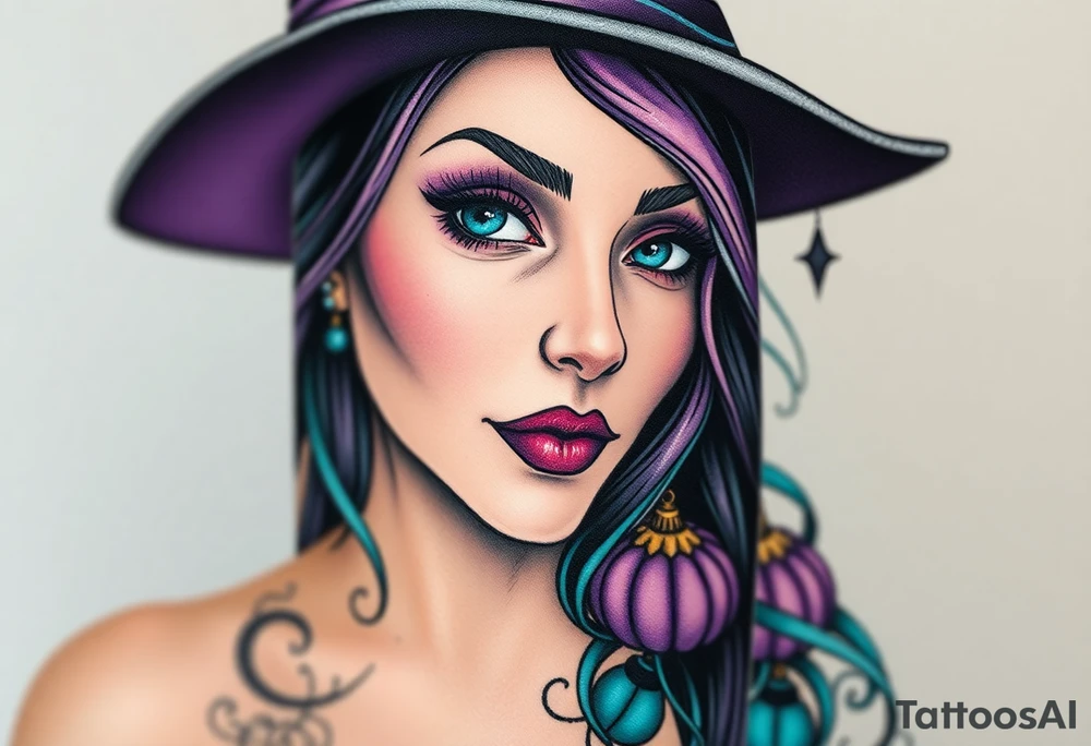 A witches portrait with purple and teal accents and halloween ornaments tattoo idea