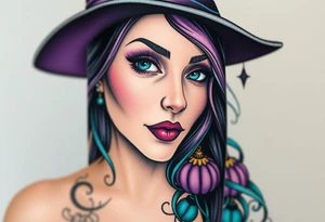 A witches portrait with purple and teal accents and halloween ornaments tattoo idea