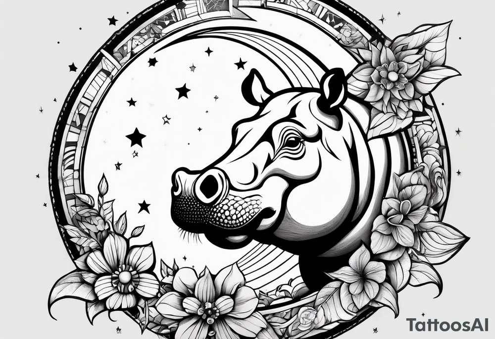 Hippo, flowers, moon, interstella, artic surreal, 
Extreme fine lines, +tribal, +geometric, develop from my favourites tattoo idea