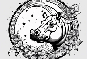 Hippo, flowers, moon, interstella, artic surreal, 
Extreme fine lines, +tribal, +geometric, develop from my favourites tattoo idea