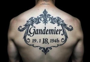 Small tattoo , on the traps , representing grandfather and date of death, could be in German or English tattoo idea