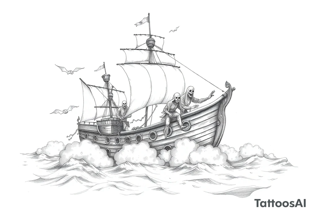 pirat-ship with ghosts surrounded by fog on sea. tattoo idea