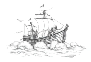 pirat-ship with ghosts surrounded by fog on sea. tattoo idea