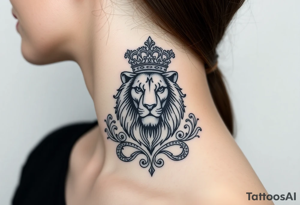 majestic lion wearing ornate crown, surrounded by baroque flourishes tattoo idea