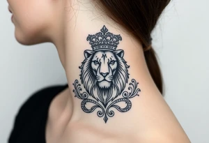 majestic lion wearing ornate crown, surrounded by baroque flourishes tattoo idea