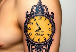 A timeless grandfather clock with delicate engravings, with the birth time and date "02. 03. 2020" and name "Oskar" - glowing in soft golden light, in warm sepia and gold hues tattoo idea