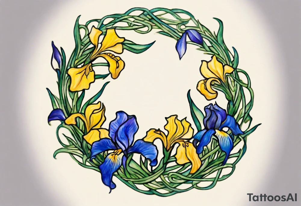 Create a small colorful Vincent van Gogh Irises tattoo in the form of a crescent, with vines or Celtic knots gracefully intertwining at a central point in the middle of the wreath.  In the middle of the wreath are mountains and other items found in New Mexico. Ensure that the design avoids the appearance of a bush and maintains a more structured and deliberate arrangement. The intended placement is on the upper chest. The overall design should be small in size while maintaining a delicate and artistic aesthetic. Pay attention to the graceful flow of the vines and the placement of the irises to achieve a refined and elegant look. tattoo idea