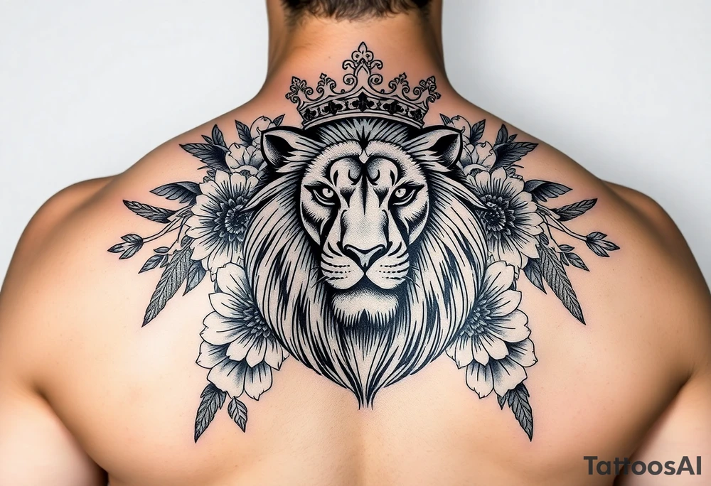 powerful majestic lion with a crown, surrounded by floral ornaments and birds tattoo idea