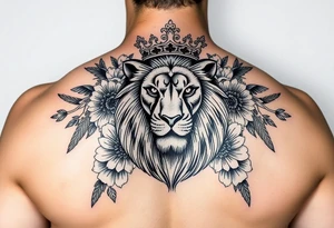 powerful majestic lion with a crown, surrounded by floral ornaments and birds tattoo idea