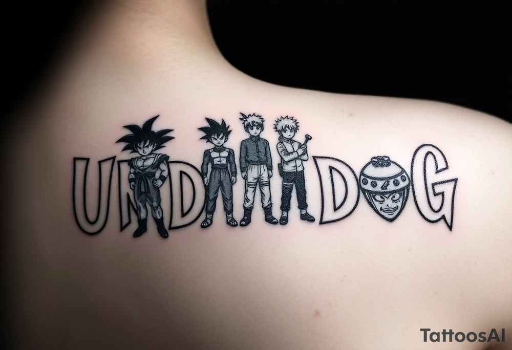 the word underdog in a with 3 anime characters Goku  and Naruto and ippo  one standing in the middle one standing on the right and one standing on the left
 above the word tattoo idea