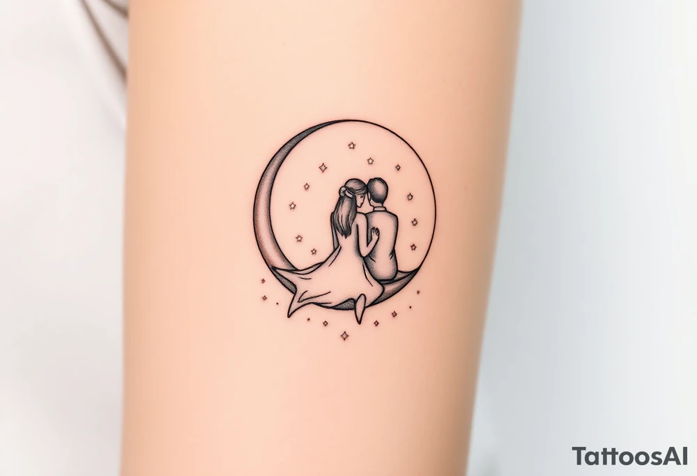 A crescent moon with a couple sitting together, wrapped in a starry sky. The moon is softly glowing with shades of silver and pale gold, with intricate dotwork creating a shimmering effect. Surrounding the moon, tiny stars twinkle in varying shades of soft blue, white, and silver, adding depth and magic to the design. The couple is outlined in minimalistic line work, with gentle shading to create a serene and intimate atmosphere. tattoo idea