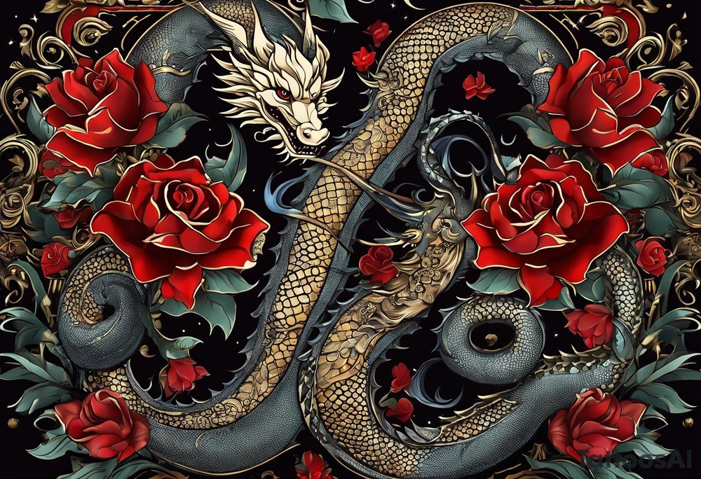 Quiero un tatuaje en toda la espalda con dos dragones verticales uno en frente del otro (uno con faceta fiera y el otro con faceta amable), con un sol o luna rojo en medio, y otros detalles de letras en chino y flores tipo cerezo (en rojo y negro) tattoo idea